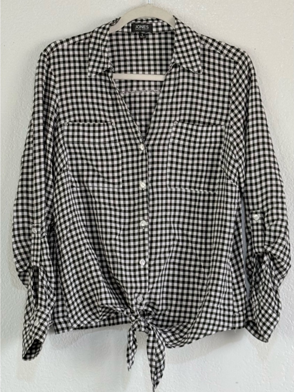 Jones New York Black and White Gingham Tie-Front Button Shirt Size Small